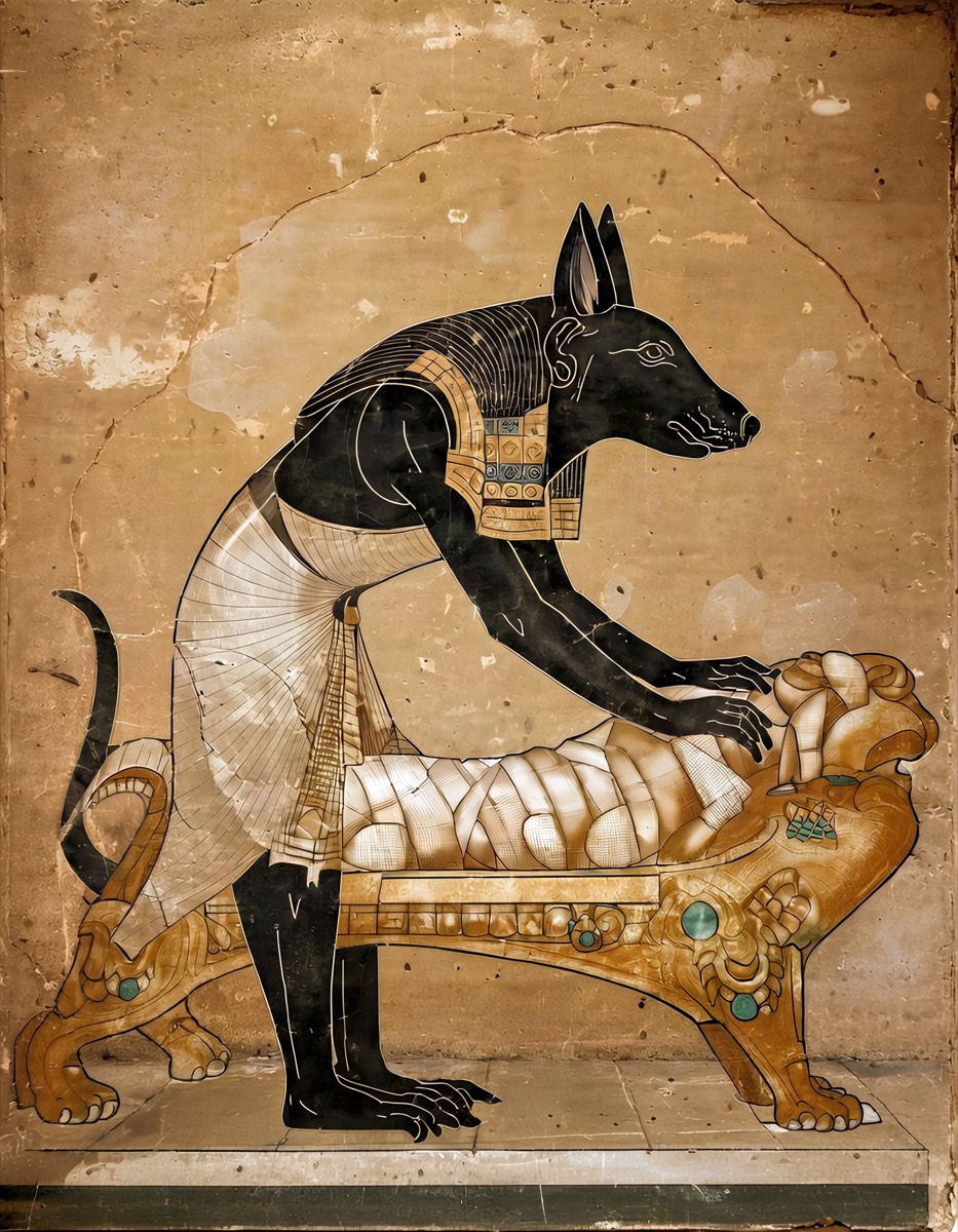 Illustration of the god Anubis, jackal-headed, beside a mummy on a lion-shaped bier.