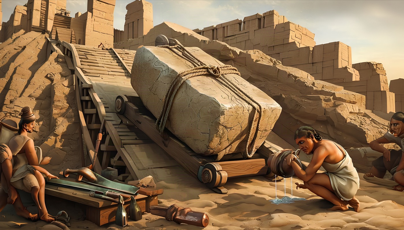 Illustration of a pyramid under construction: work gangs hauling stone blocks up a ramp.